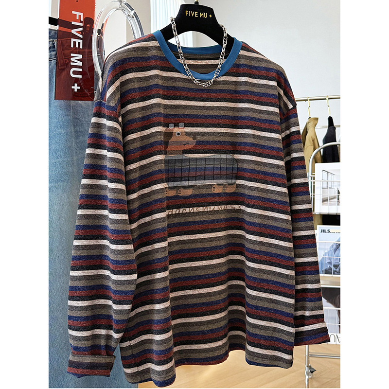 胖mm特大码300斤宽松撞色条纹磨毛长袖T恤女秋冬季厚款打底衫上衣
