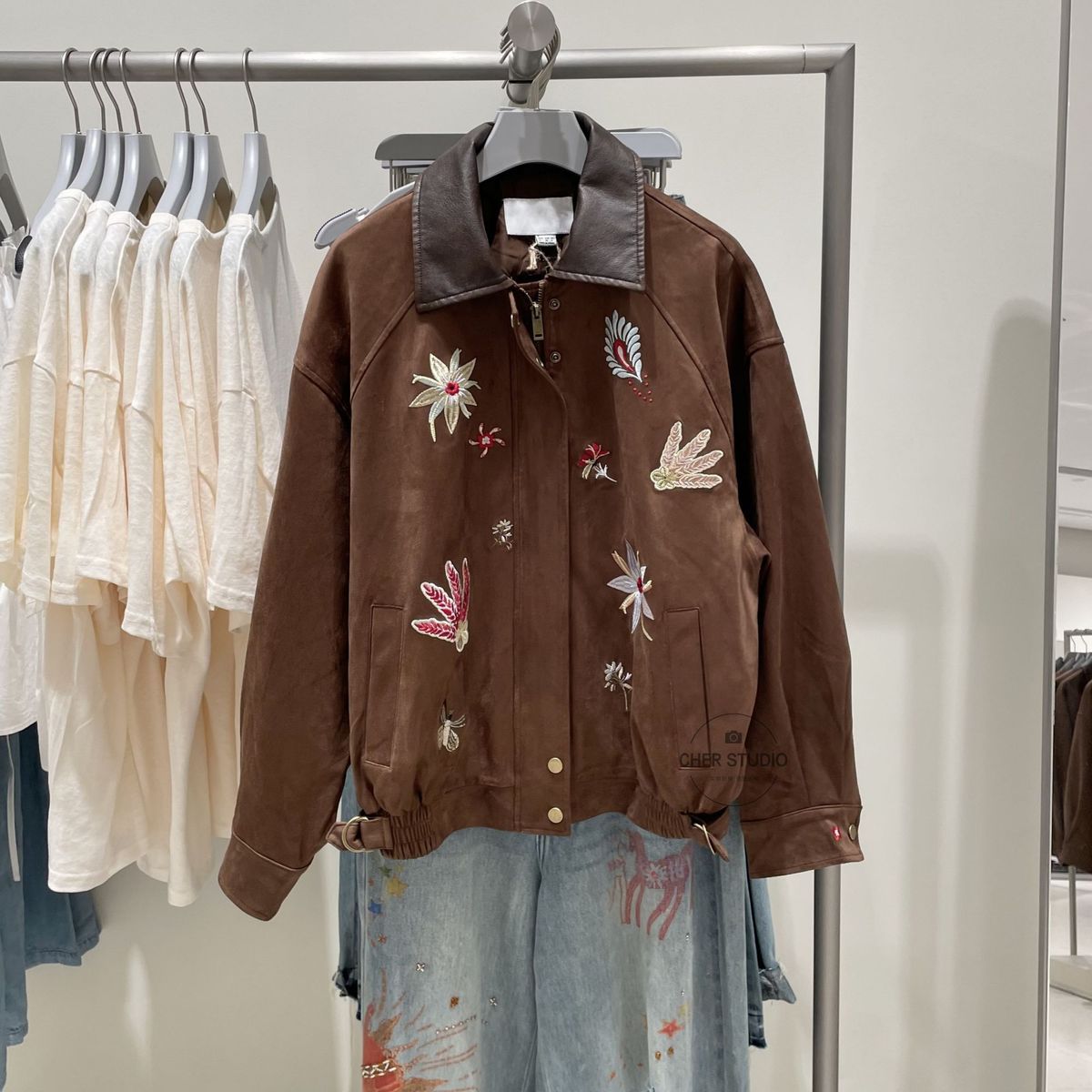 胖mm特大码2-300斤复古刺绣麂皮翻领外套女秋冬夹棉厚款休闲夹克