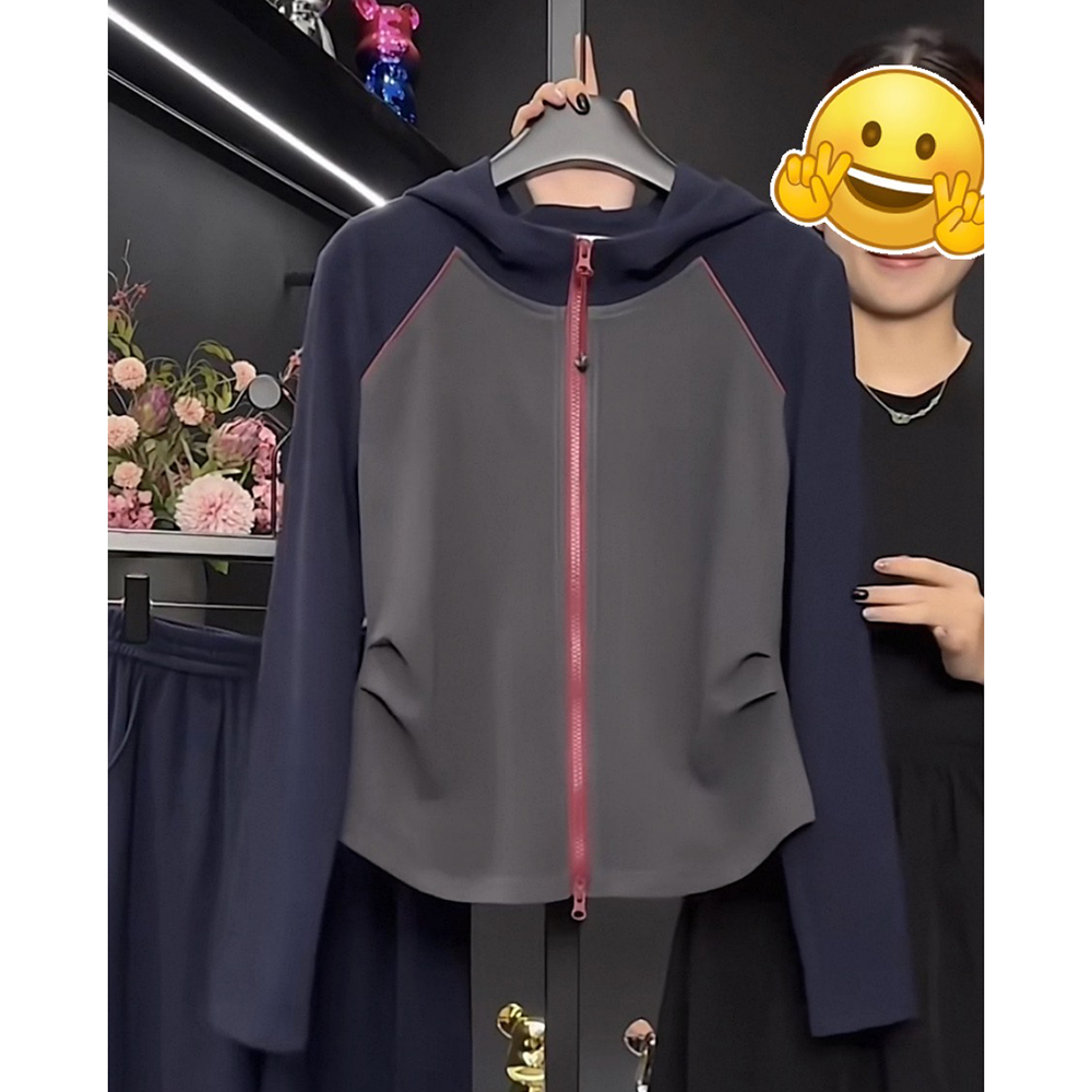 胖MM特大码300斤时尚连帽插肩袖拉链拼色卫衣女春秋韩版拉链外套