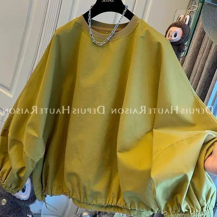 胖mm特大码300斤下摆松紧花苞长袖卫衣女春秋宽松休闲灯笼袖上衣
