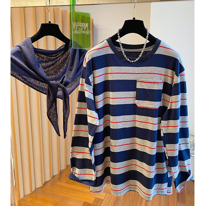 胖mm特大码300斤条纹披肩长袖t恤女春秋薄款宽松海军风两件套上衣