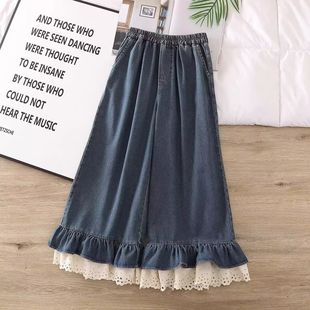 女春夏宽松A字休闲直筒裤 胖mm特大码 300斤拼接花边下摆牛仔阔腿裤