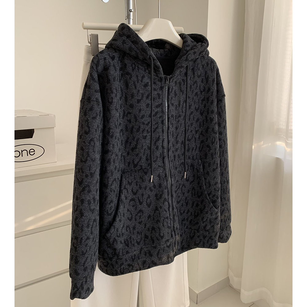 胖mm特大码2-300斤豹纹拉链加绒厚款连帽卫衣外套宽松上衣女秋冬