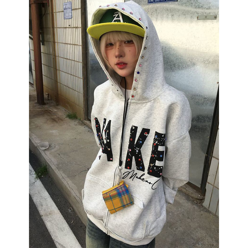 胖mm特大码300斤美式街头连帽卫衣女春秋字母印花设计感拉链外套
