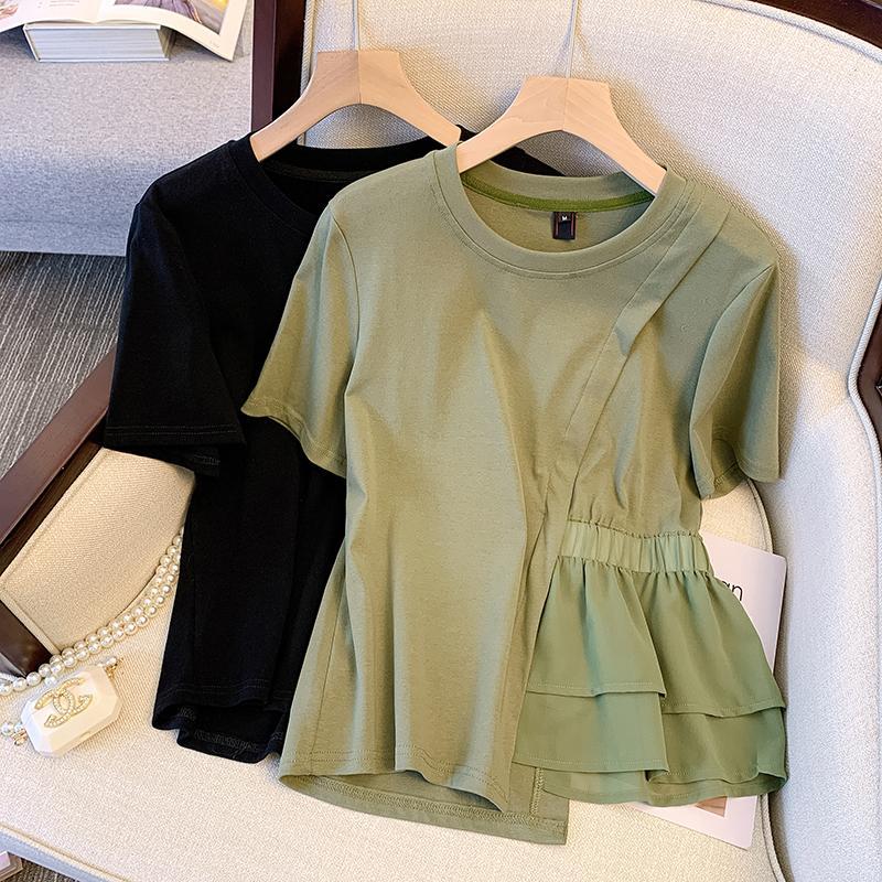 胖mm特大码300斤洋气宽松拼接不规则短袖T恤女夏遮肚显瘦别致上衣
