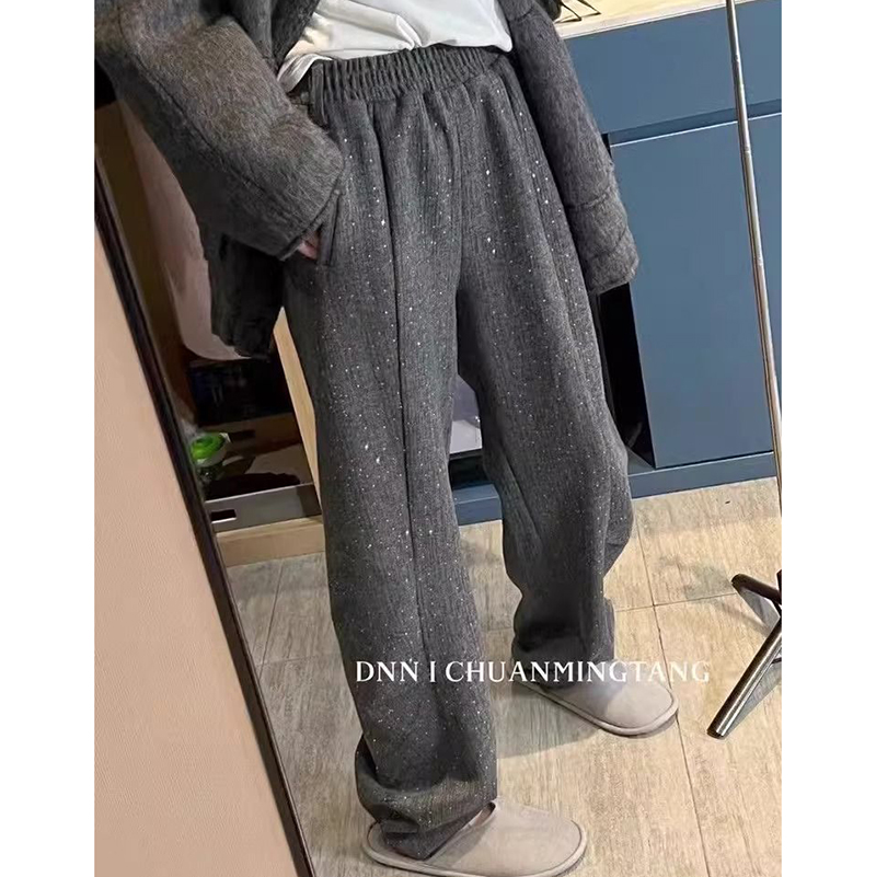 胖mm特大码女装300斤满天星加绒厚款高腰松紧腰休闲直筒裤女秋冬