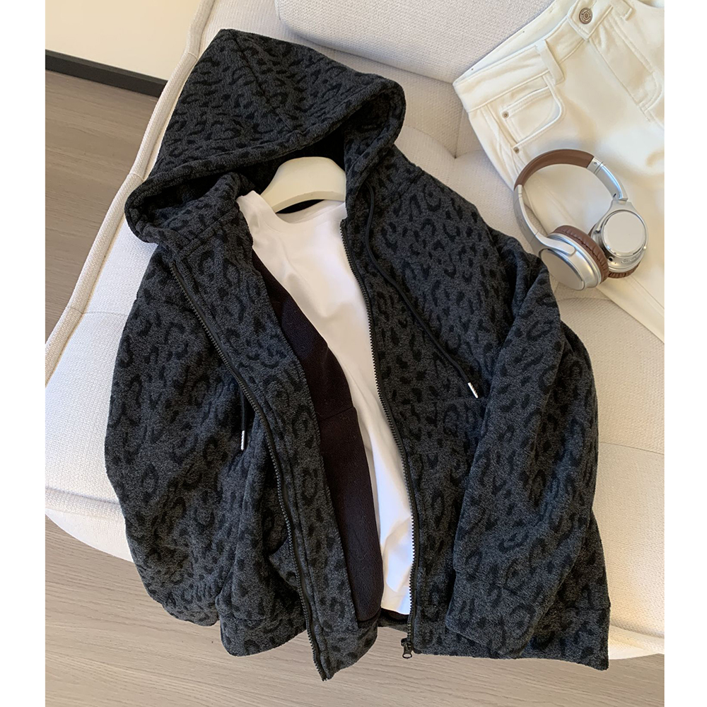 胖mm特大码2-300斤豹纹拉链加绒厚款连帽卫衣外套宽松上衣女秋冬