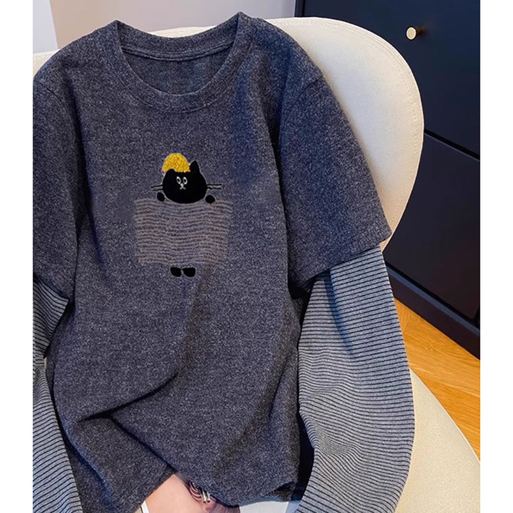 胖mm特大码300斤黑灰拼接假两件长袖t恤女秋冬季磨毛德绒保暖上衣