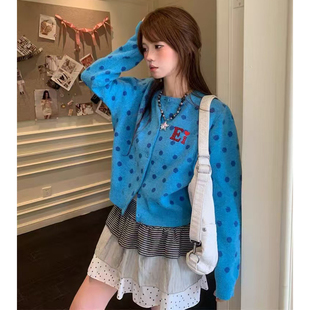 胖mm特大码300斤美式复古波点开衫毛衣女秋冬慵懒风宽松针织外套