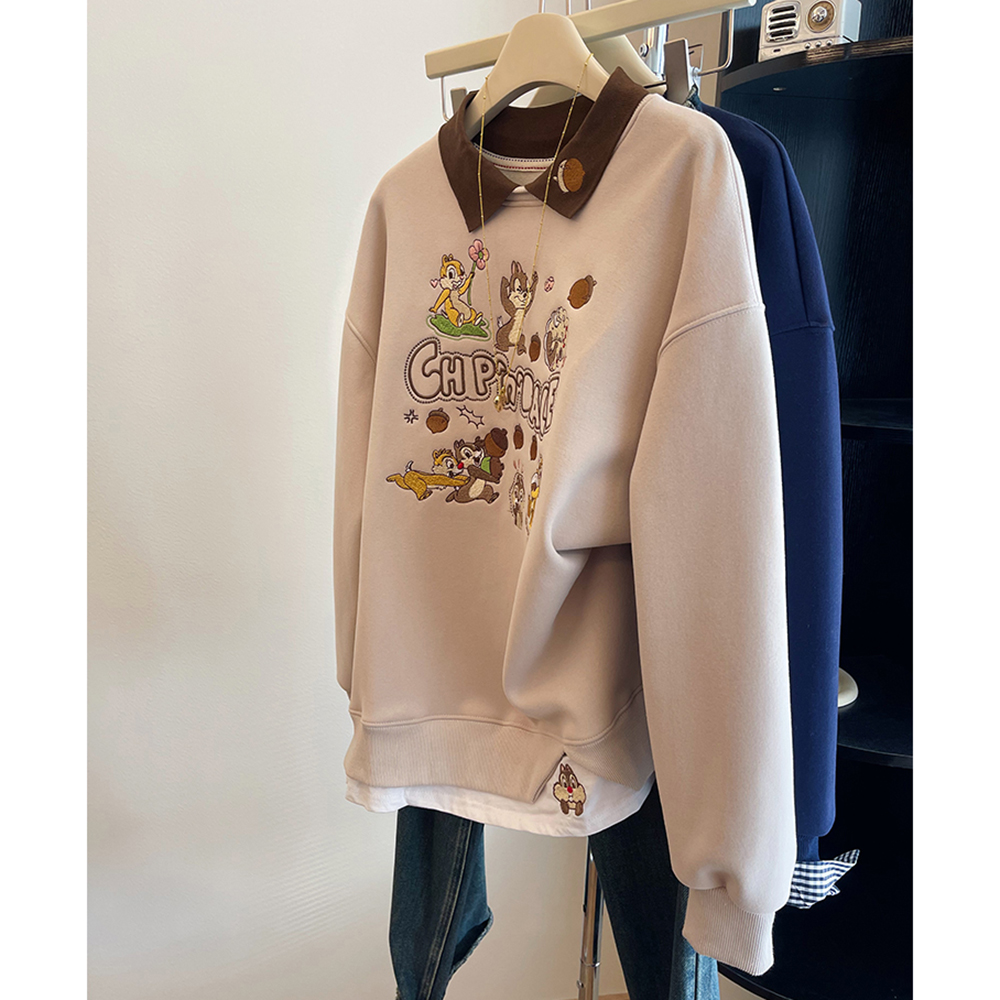 胖mm特大码300斤加绒厚款刺绣polo翻领卫衣女秋冬假两件撞色上衣