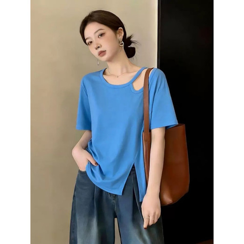 胖mm特大码300斤韩系不规则露肩蓝色短袖T恤女夏洋气减龄小衫上衣