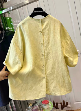 胖mm特大码300斤纯色宽松短袖上衣后背排扣拼接复古港味衬衫女夏
