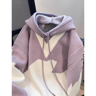 胖mm特大码2-300斤慵懒风复古针织衫女秋冬香芋紫撞色假两件毛衣