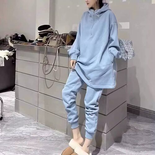 胖mm特大码2-300斤中长款半拉链连帽卫衣卫裤加绒两件套装女秋冬