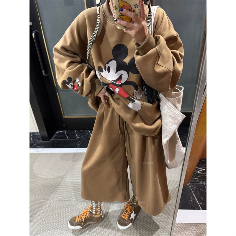 胖mm特大码300斤韩版时尚卡通印花卫衣七分卫裤秋冬加绒两件套装