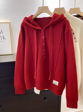 胖mm特大码300斤洋气连帽抽绳套头红色毛衣针织衫女秋冬宽松外套