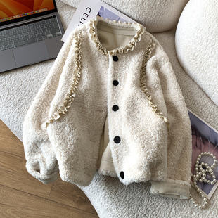 胖mm特大码300斤仿羊羔毛绒木耳花边短款外套女冬季加厚保暖夹克