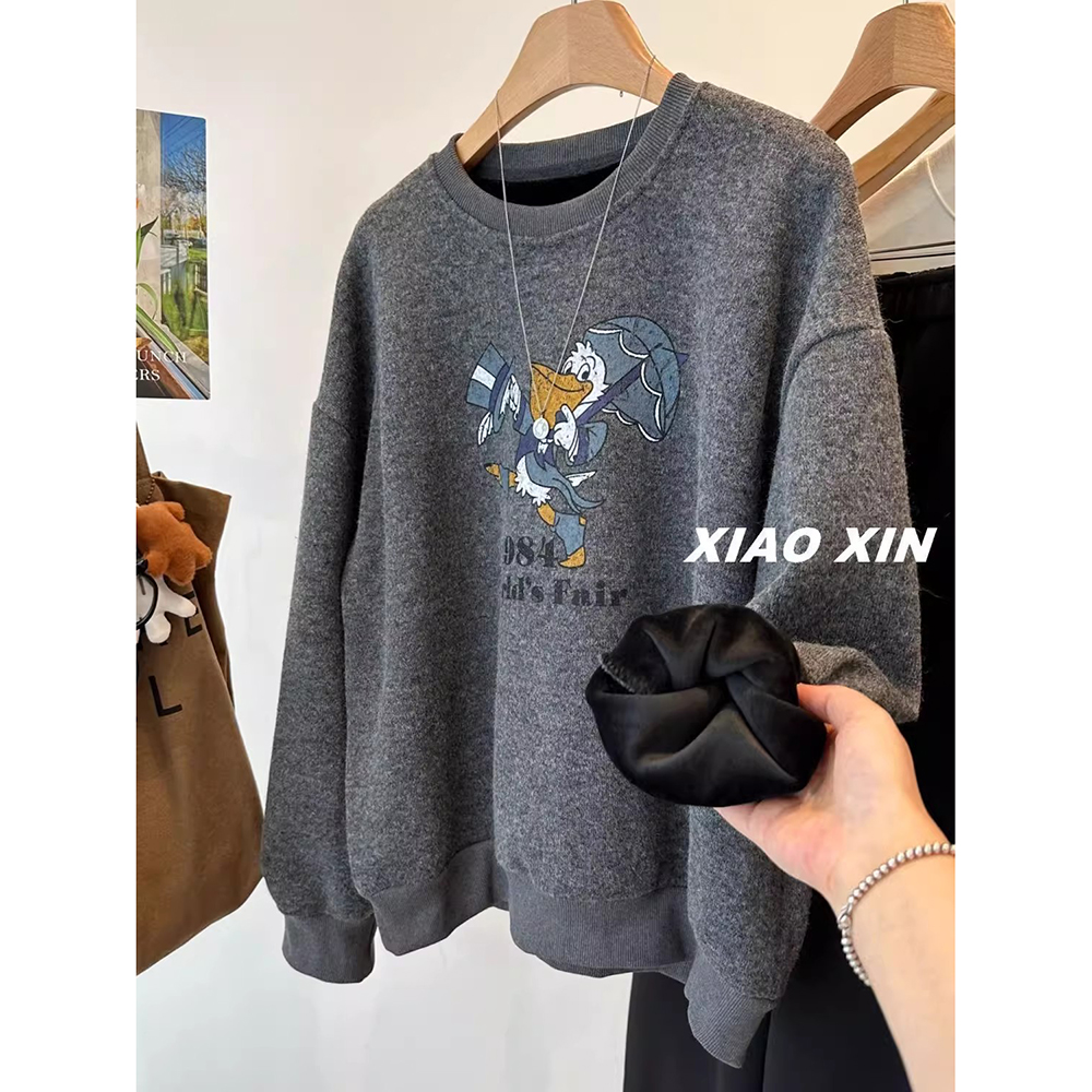 胖mm特大码300斤德绒超柔唐老鸭印花加绒卫衣女秋冬保暖内搭绒衫