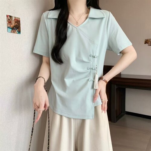 胖mm特大码300斤新中式国风设计感短袖T恤女夏盘扣不规则短款上衣