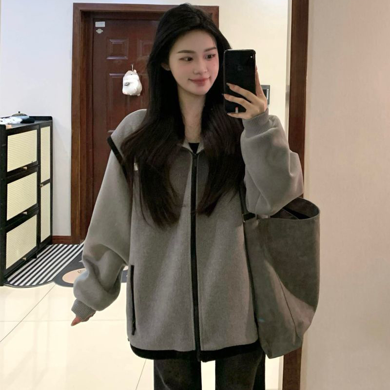 胖mm特大码2-300斤美式休闲卫衣外套女秋冬宽松加绒撞色拼接夹克