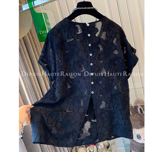 胖mm大码300斤提花刺绣短袖衬衫轻薄上衣女夏复古港味后排扣衬衣