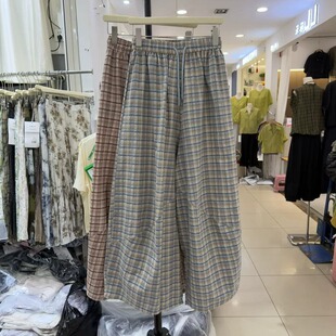 胖mm特大码300斤复古港味格子休闲裤女夏季高腰宽松百搭直筒裤子