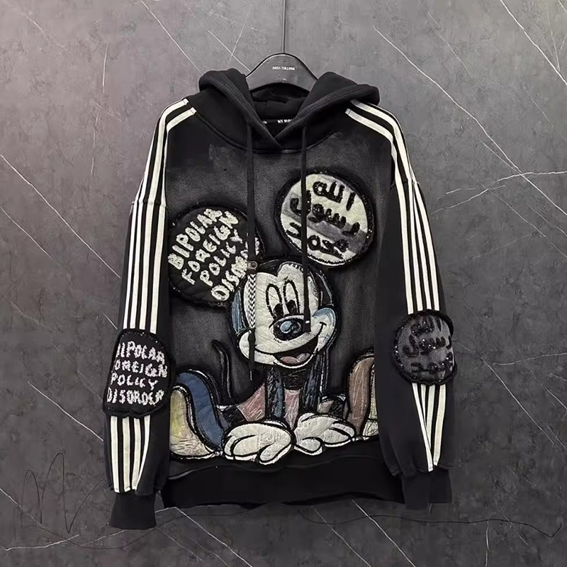 胖mm特大码女装2-300斤重工烫钻米奇贴布刺绣加绒连帽卫衣女秋冬