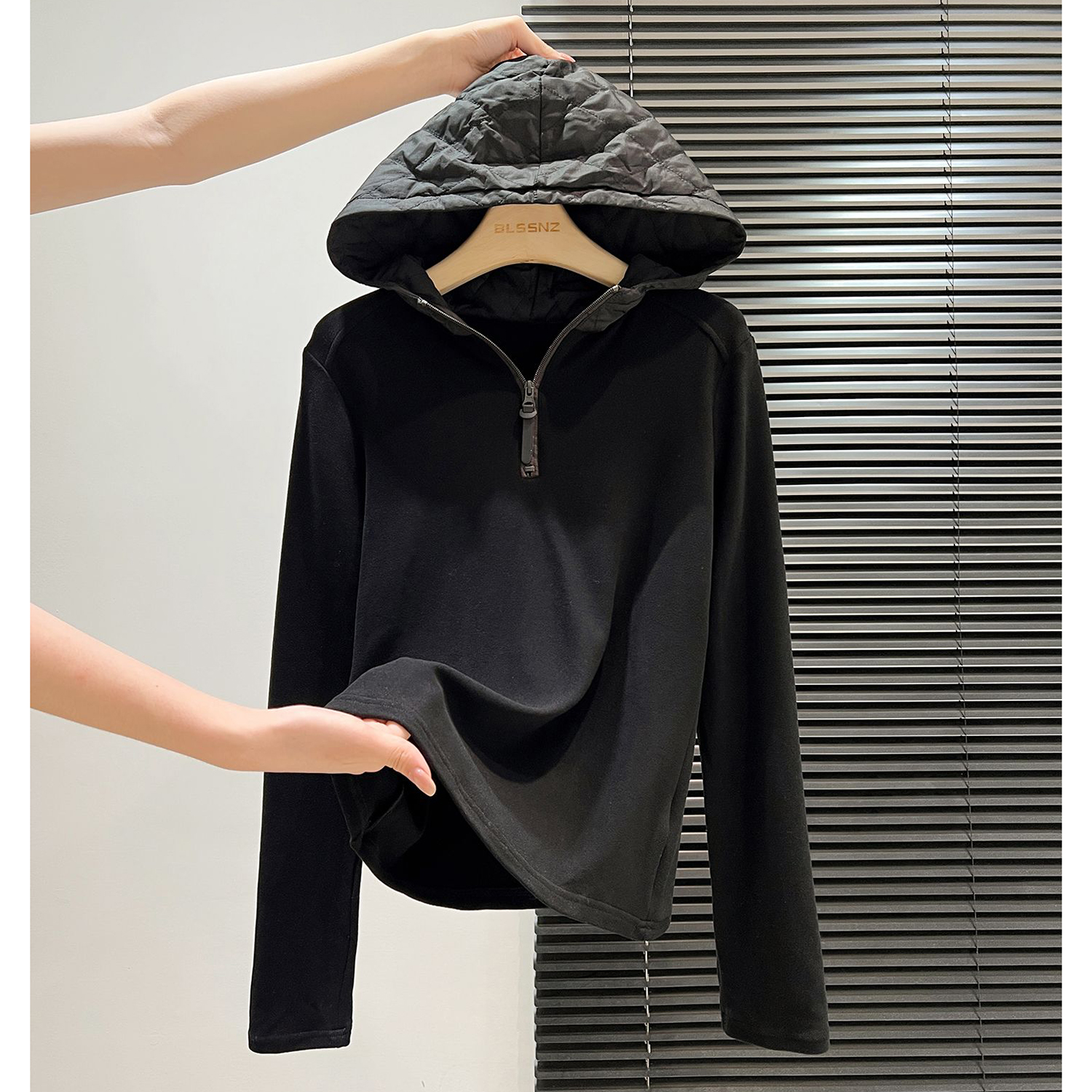 胖mm特大码300斤夹棉连帽半拉链拼接德绒女秋冬打底休闲保暖卫衣