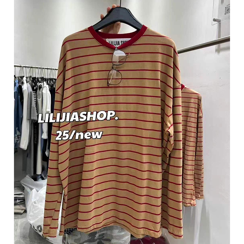 胖mm特大码300斤复古港风撞色条纹长袖T恤女春秋薄款宽松港味上衣