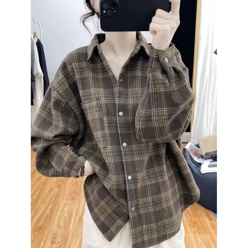 胖mm特大码2-300斤复古格子加绒衬衫女秋冬休闲加厚保暖衬衣外套