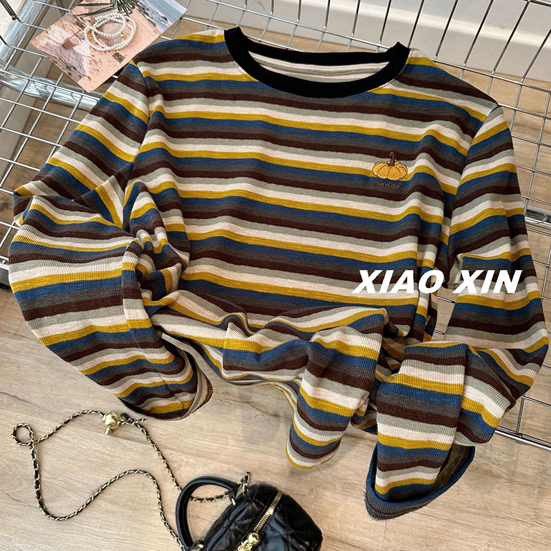 胖mm特大码300斤刺绣小南瓜多彩撞色条纹长袖T恤女春秋季宽松上衣