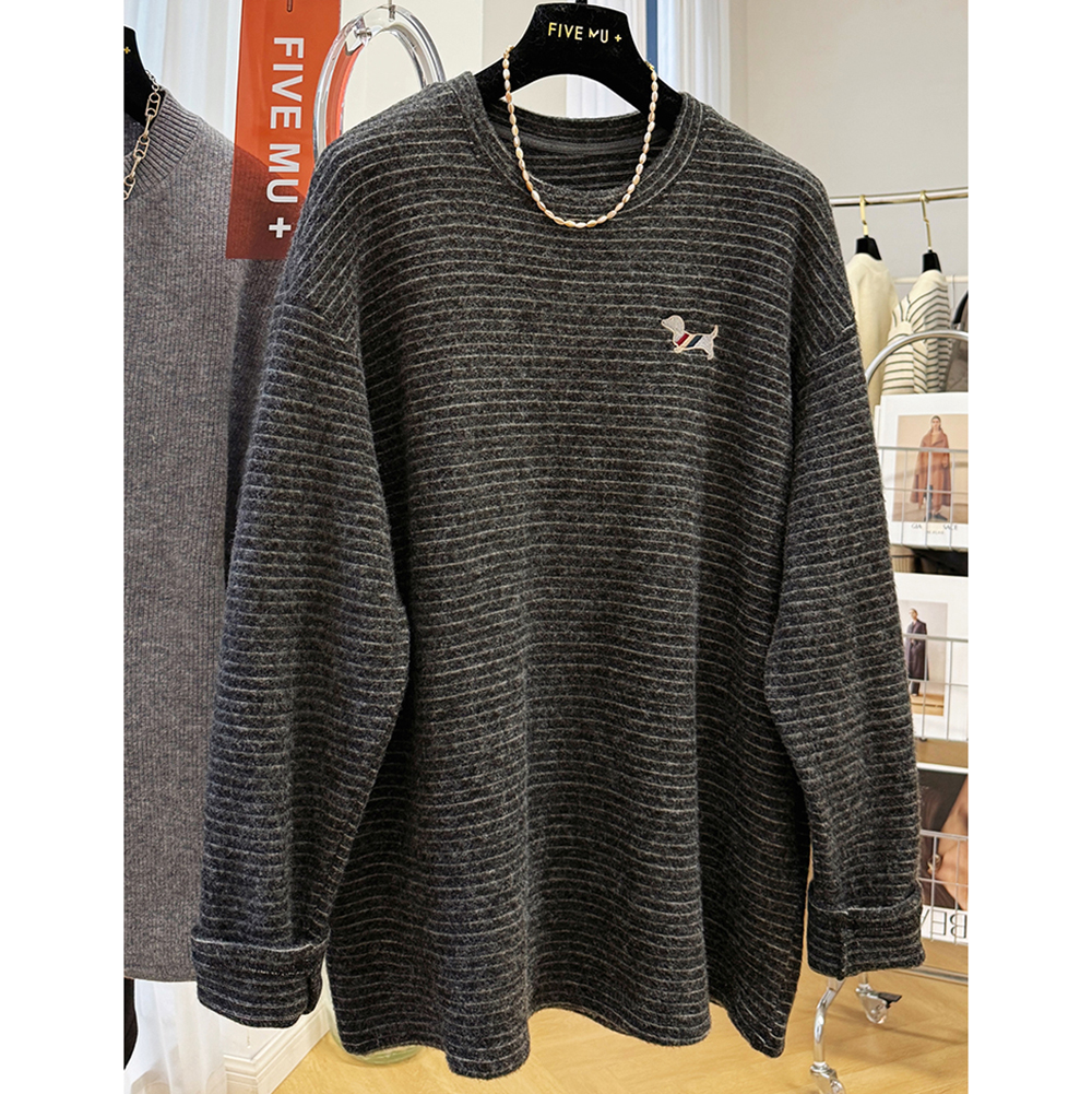 胖mm特大码2-300斤卡通刺绣磨毛条纹长袖t恤女秋冬内搭打底衫上衣