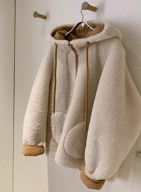 胖mm特大码2-300斤羊羔毛绒外套女秋冬宽松加厚连帽皮毛一体上衣