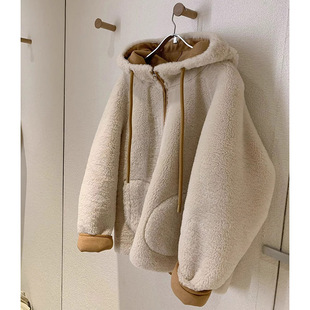 胖mm特大码 300斤羊羔毛绒外套女秋冬宽松加厚连帽皮毛一体上衣