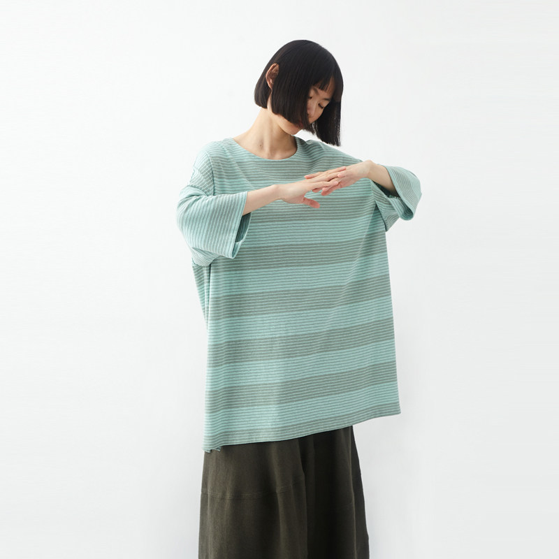 汉麻有机棉经典条纹长款T恤衫女 小鱼夏季通勤百搭七分袖小众上衣