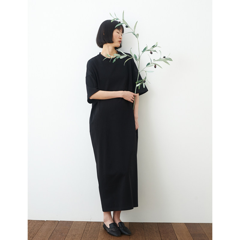 折扣 / 黑色针织棉宽松简约长款T恤裙小鱼夏季纯色短袖休闲连衣裙