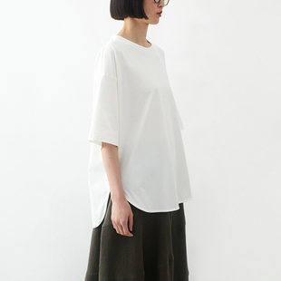 三色 弧摆宽松文艺素雅T恤衫 小鱼夏季简约设计针织短袖女士上衣