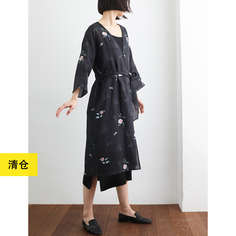 清仓/花朵苎麻长款开衫连衣裙