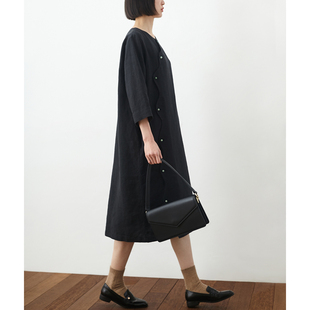 汉麻花瓣边饰玉石禅意连衣裙小鱼春夏季新款黑色中长款宽松中式裙