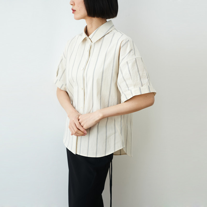 杏白条纹纯棉知性短袖衬衫
