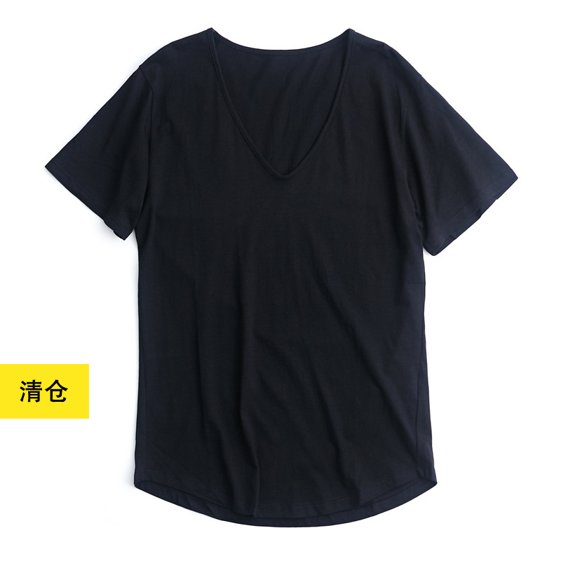 清仓／两色简约低V领薄款纯棉T恤衫 小鱼针织棉黑色白色基础tee
