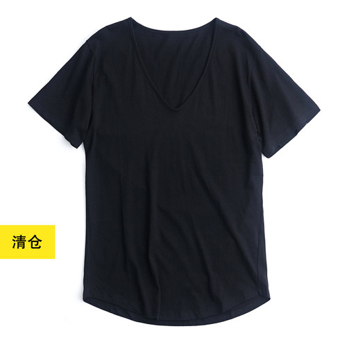 简约低V领薄款纯棉T恤衫