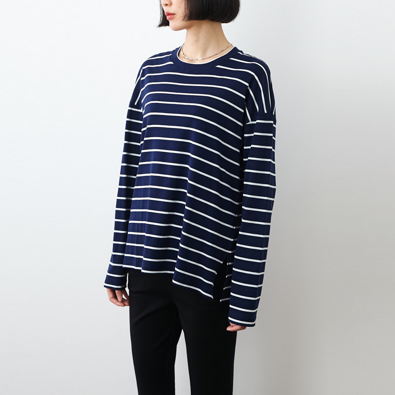 匹马棉深蓝条纹宽松长袖针织T恤衫 小鱼秋季新款百搭打底女士上衣