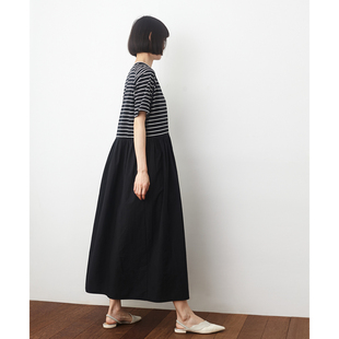 黑白条纹拼接宽松显瘦连衣裙 新款 短袖 A字大摆气质女长裙 小鱼夏季