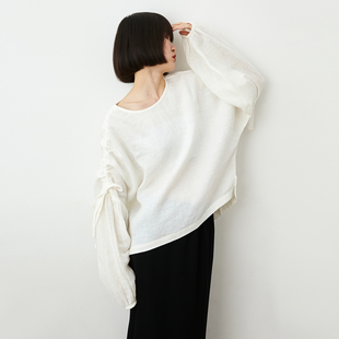 小鱼春秋设计感宽松慵懒罩衫 上衣 传统环保亚麻纱泡泡袖 瑕疵折