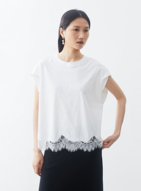 夏季新品 饰蕾丝纯棉针织优雅T恤衫 小鱼宽松休闲白色短袖女上衣