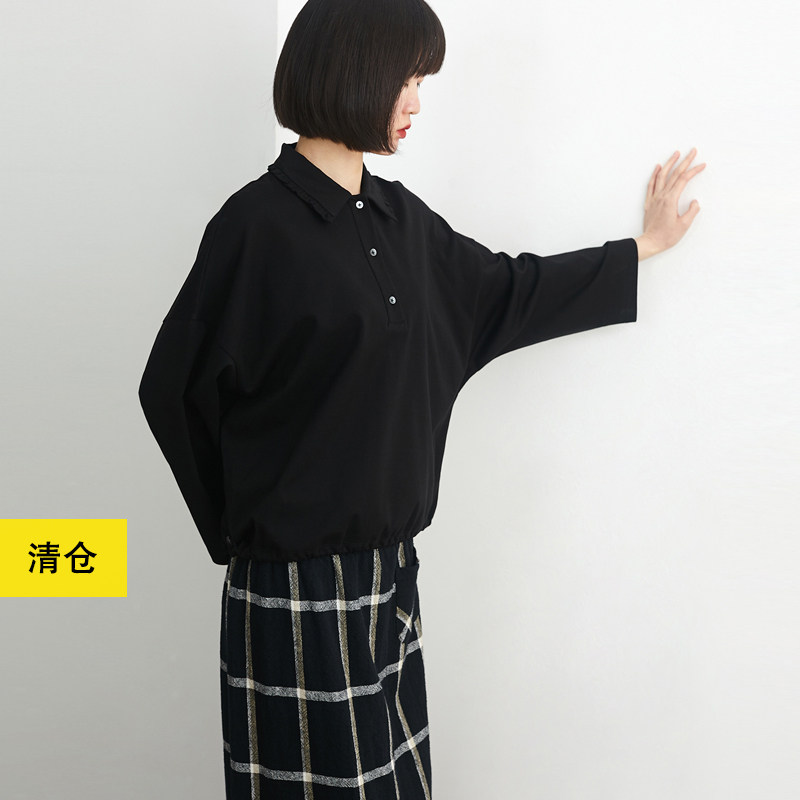 瑕疵清仓 / 宽松纯棉针织polo领衬衫 小鱼春休闲女长袖纯色上衣