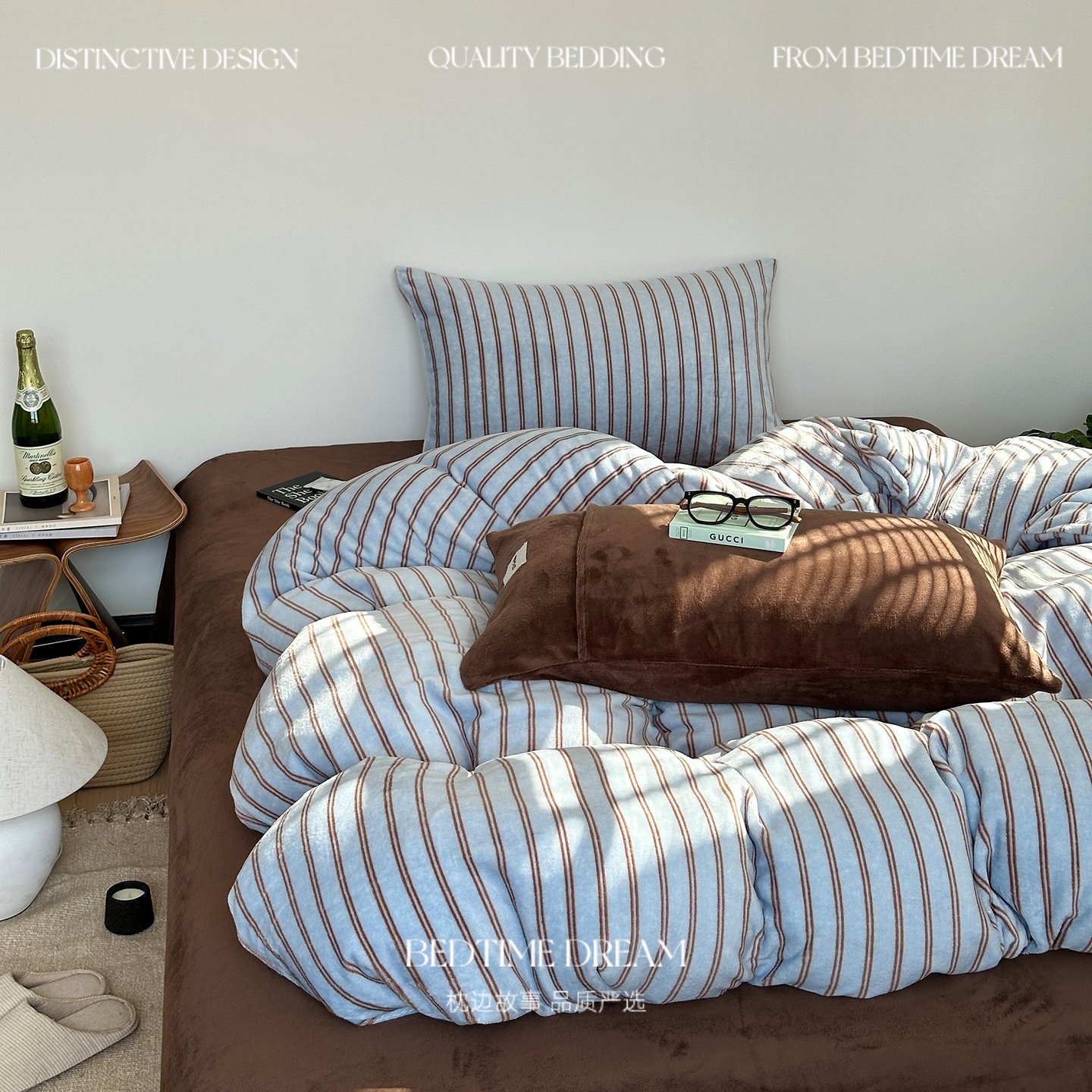 复古风简约蓝色条纹加厚牛奶绒床上四件套冬季保暖被套床单三件套