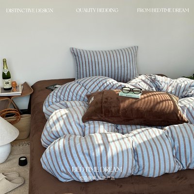 复古风简约蓝色条纹加厚牛奶绒床上四件套冬季保暖被套床单三件套