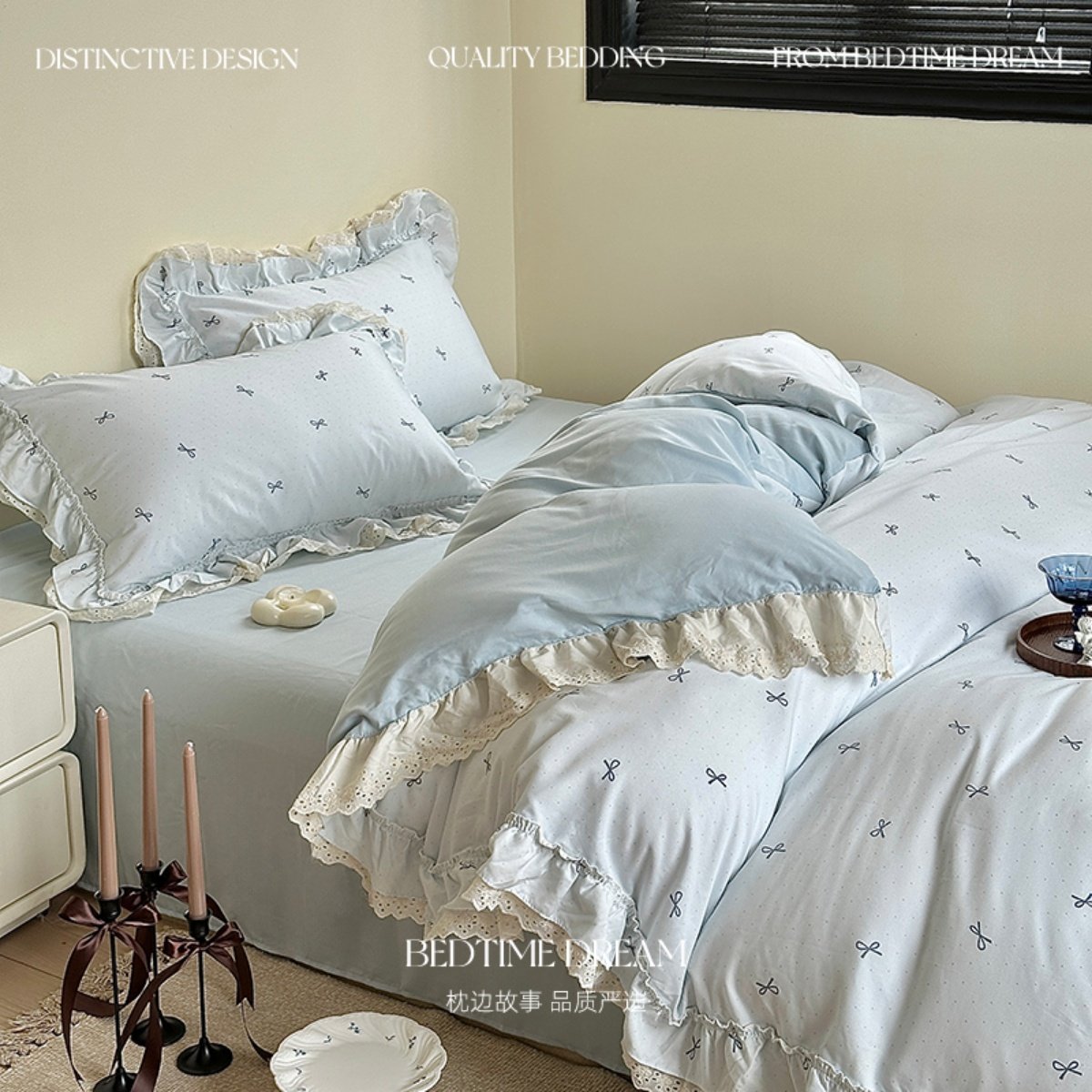 ins简约双层纱床上四件套1.8蕾丝花边蝴蝶结被套公主风床单三件套